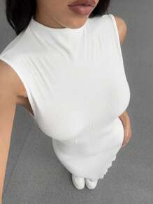 SHEIN Unity Vestido ajustado de cuello redondo acanalado blanco con abertura lateral alta, casual y elegante, versátil para uso diario y de oficina, primavera y verano para mujer - Blanco - Ver 1