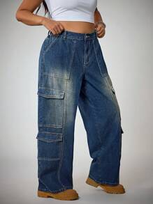 SHEIN ICON Plus Size Casual Washed Denim Cargo Pants - Barrel Jeans