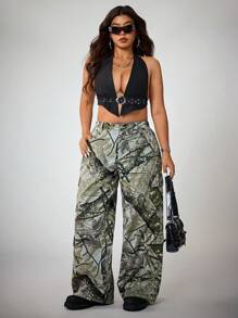 SHEIN ICON Plus Size Women's Branch Print Straight Leg Jeans - Multicolor - View 4