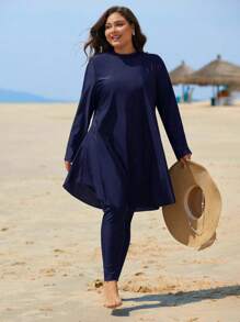 Swim Mulvari Plus Size Solid Color Split Style Burkini Set For Summer Beach Vacation