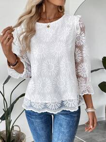 SHEIN LUNE Women's Vacation Casual Solid Color Floral Embroidery Mesh Blouse - Apricot - View 5