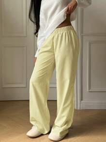 Aloruh 女士休闲度假蓝色条纹低腰弹性下摆长裤 - 黃色 - 查看 4