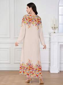 Al Najma Women's Floral Print V-Neck Long Sleeve Loose Arabic Style Dress,Modest - Multicolor - View 2