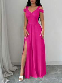 Rafferiza V-Neck Cinched Waist Retro Vintage Style Women Dress Fall Cloth For Women - Hot Pink - View 7