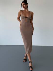 Firerie New Elegant Apricot Deep V-Neck Hollow Out Backless Cross Strap Fitted Crochet Spaghetti Strap Dress, Vacation Style, Spring/Summer Concert Rave Outfit Women
