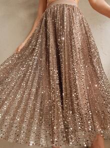 Anewsta Chân váy xếp ly dài cạp cao đính sequin kim loại thanh lịch, hiện đại cho lễ hội/đi chơi - Rỉ Nâu - Xem 4