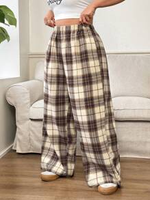Solflare Plus Size Women's Plaid Pants,Black & White Plaid Elastic Waist Pockets Wide Leg Casual Loose Pants,Women Winter Clothes