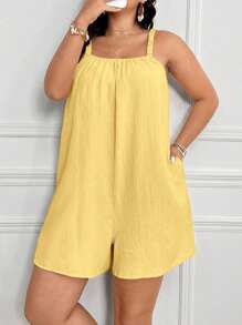 SHEIN Clasi Plus Size Women's Summer Solid Color Simple Daily Wear Romper With Straps Short Summer Dresswomen Romperblack Dress Shortromper Dressshort Jumpsuit - Yellow - View 3