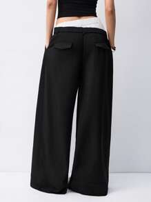 LYSMO Fashion Commuter Double Waistline Color Block Wide Leg Dress Pants - Black - View 2