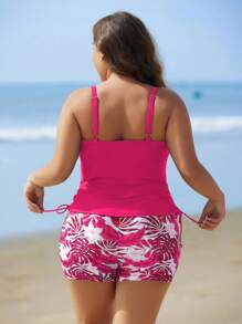 Swim Lushoire 2 件套加大码女式可调节肩带随机花卉印花分体式短裤泳装套装，时尚休闲海滩度假