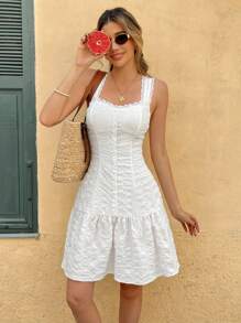 Calvaya 纹理面料拼布蕾丝下摆无袖腰部收紧夏季白色连衣裙 - 白色 - 查看 1