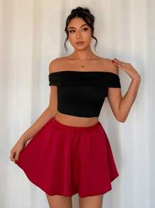 Chiquease Minifalda casual de unicolor brillante con dobladillo con volantes - Burdeos - Ver 1