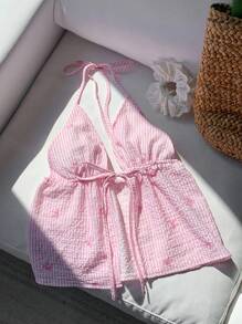 Comfortcana 女士条纹蝴蝶结装饰系带休闲露背上衣