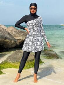 SHEIN Swim Mulvari 女士优雅黑色人字形保守布基尼度假装 - 黑與白 - 查看 4