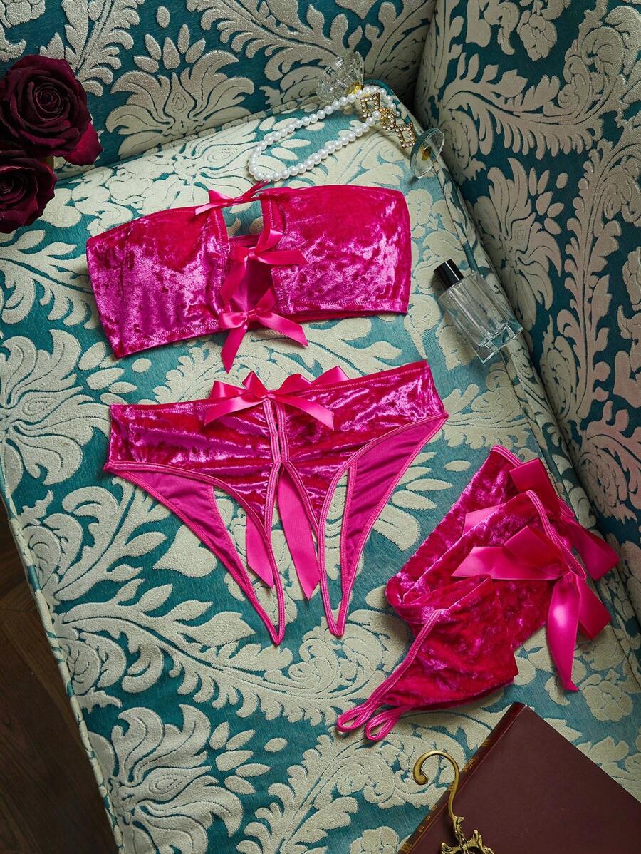 Velvet Bowknot Open Crotch Sexy Lingerie Set For Women - Hot Pink - View 1