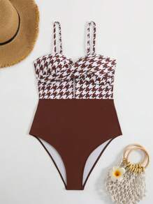 Swim Lushoire 1 pieza Traje de baño de mujer con copa de sujeción y estampado de pata de gallo para vacaciones de primavera, para verano