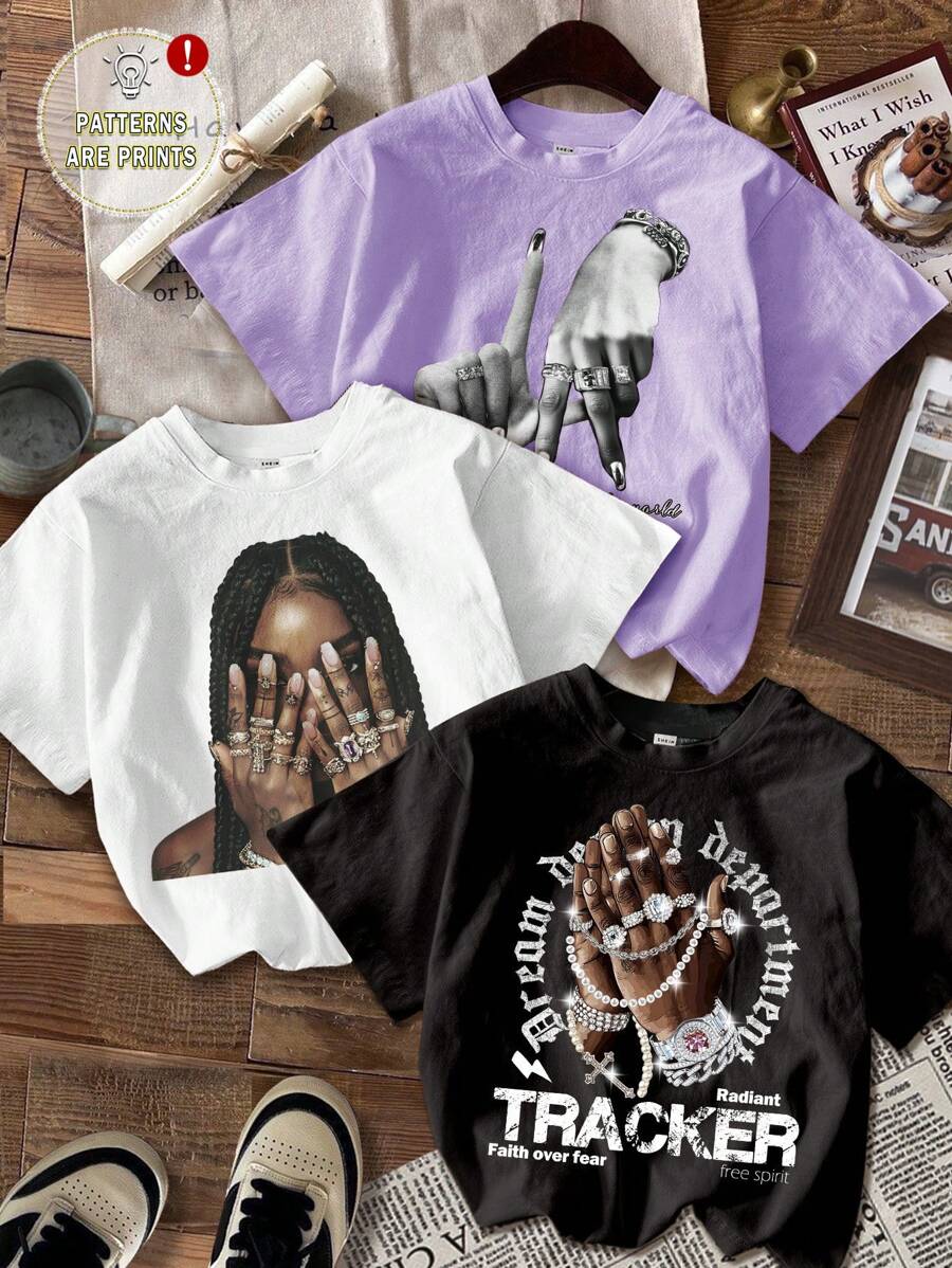 SHEIN Leap Crew تيشيرتات كاجوال محدودة التصميم للفتيات المراهقات، رسومات كرتونية، متعددة الأنماط للصيف - متعدد الألوان - مشاهدة 1