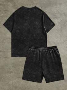 AXEPEAK Street Style Men's Oversized T-Shirt Set With Flame, Acid-Washed, Character And Star Pattern Summer Outfit - Multicolor - View 2