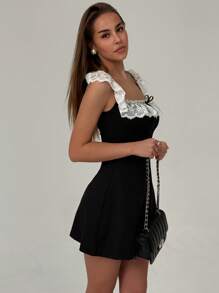 Aloruh Women's Elegant Contrast Lace Trim Sleeveless Mini Dress,Business Casual Woman