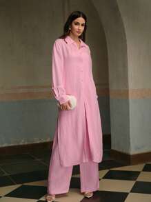 ZEYLAH Women's Pink Long Single-Breasted Slit Hem Casual Shirt Dress