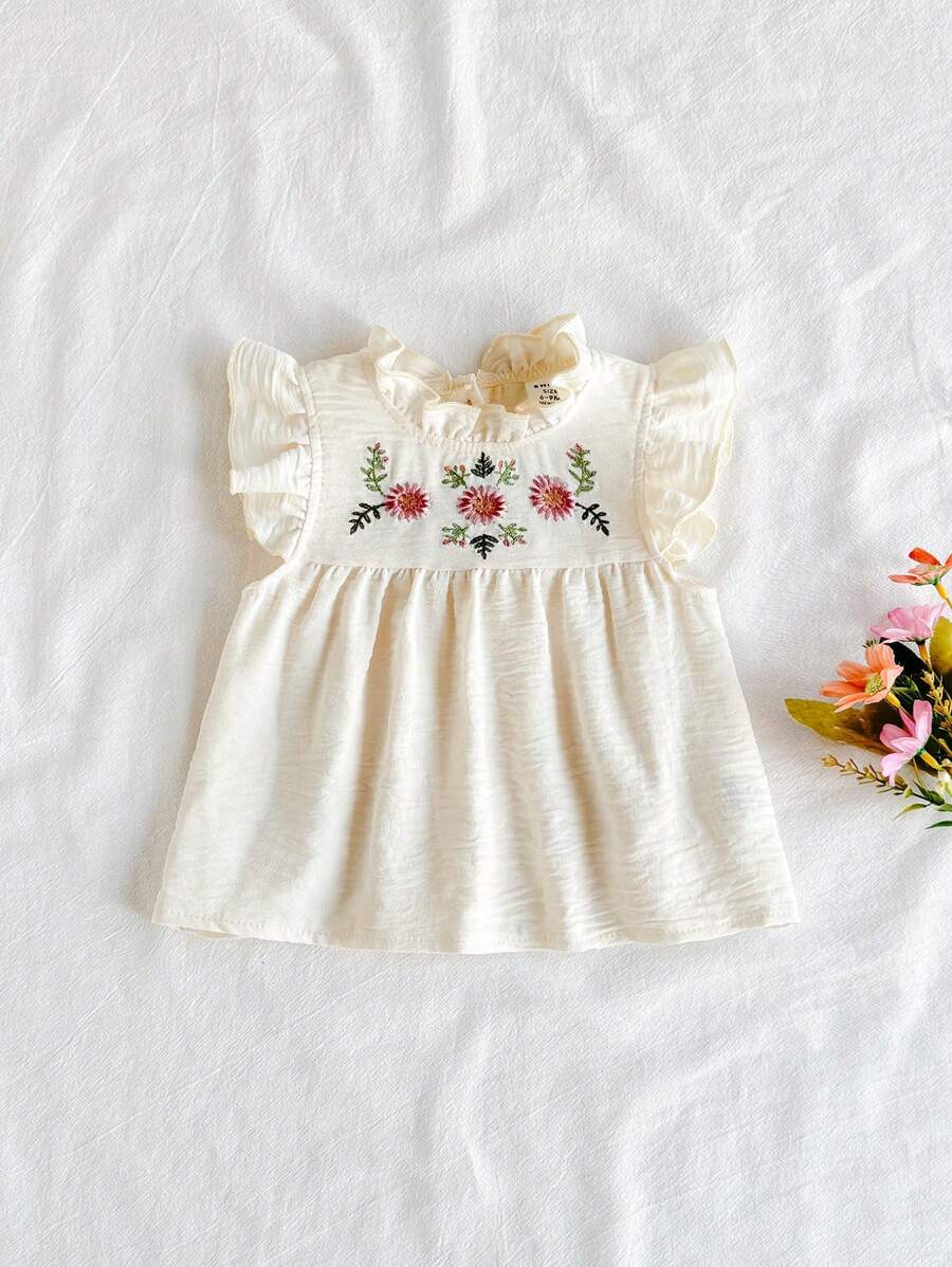 Vintaside Kids Baby Girls Countryside Style Embroidered Floral Print Princess A-Line Blouse, Summer
