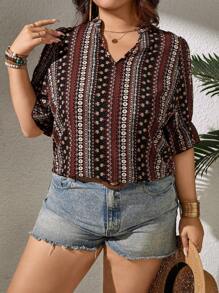 EMERY ROSE 大码女式复古印花 V 领短袖宽松度假衬衫