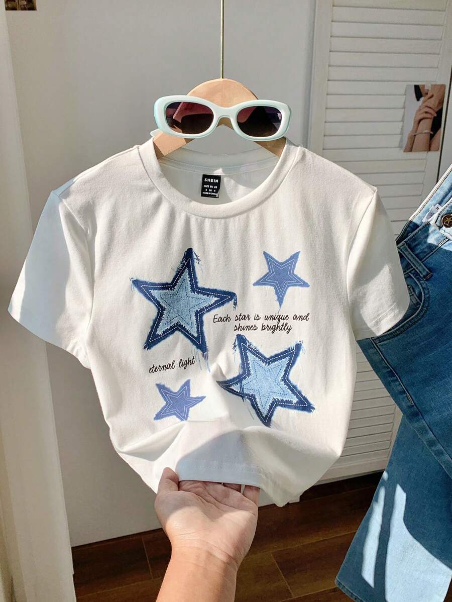 SHEIN Comfortcana Áo thun nữ cổ tròn tay ngắn họa tiết ngôi sao năm cánh tối giản, giản dị, thích hợp mặc vào mùa hè - trắng - Xem 1