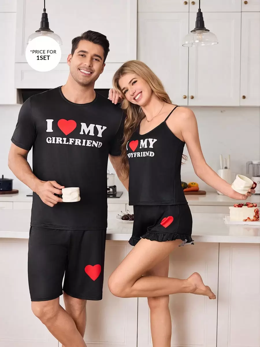 Snug Zone Cute Heart Print Contrast Color Couple Pajama Set For Men - Multicolor - View 1