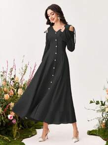 Modelyn Women's Solid Color Single-Breasted Open Shoulder Long Sleeve Elegant Dress - Black - View 7