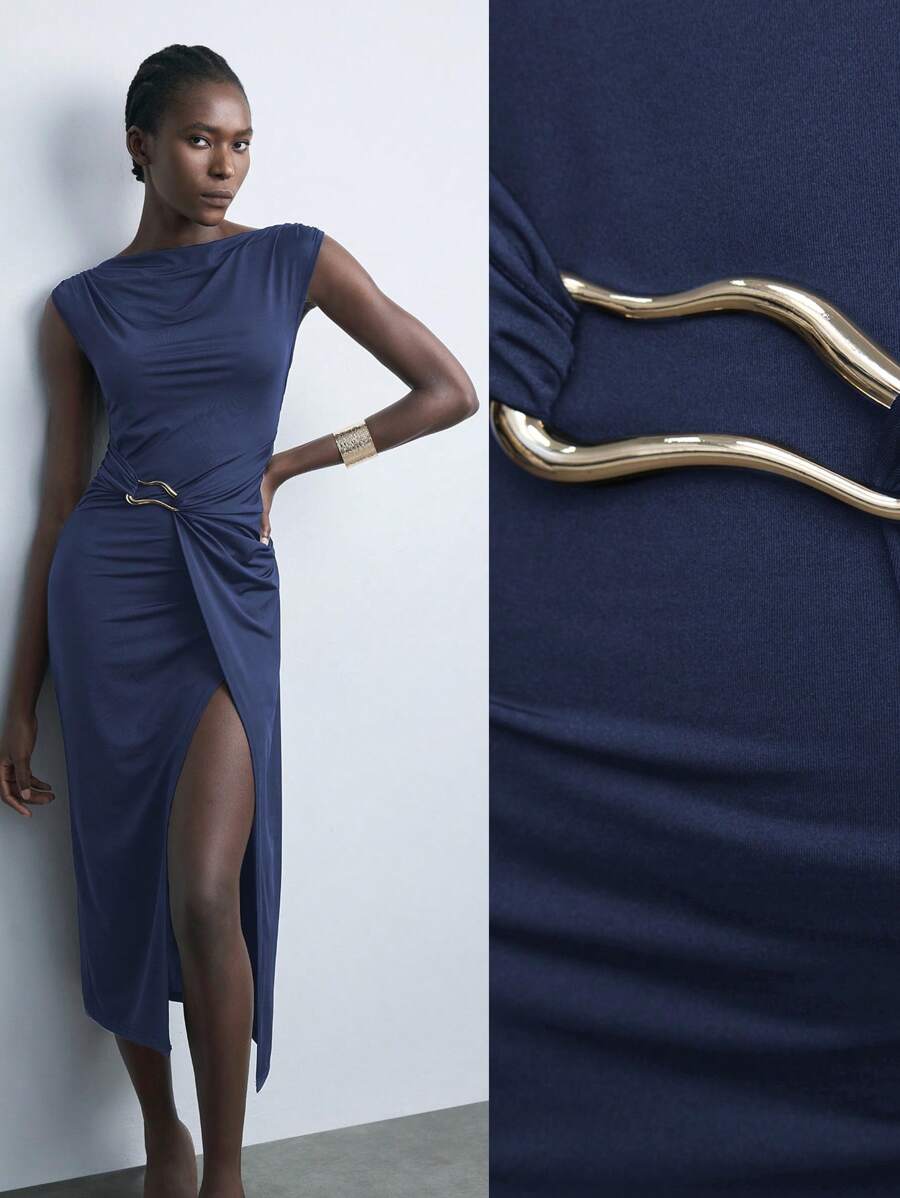 Maija Váy midi dệt kim thanh lịch, sang trọng, dự tiệc mùa thu/đông mới dành cho nữ, màu đỏ tía/xanh navy, tay ngắn, thắt lưng kim loại, váy công sở duyên dáng - Màu xanh lam - Xem 1