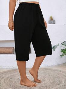 EMERY ROSE Plus Size Casual Solid Color Versatile Capri Pants - Black - View 4