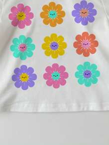SHEIN Cute Cartoon Floral Print, Baby Girl Casual Simple Crew Neck Short Sleeve Top, Suitable For Summer - White - View 6