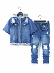 SHEIN Tween Boy 2pcs/Set Y2k Fashion Casual Blue Denim Cut Out Ripped Frayed Splicing Design Short Sleeved Grey Knit Hooded Denim Jacket Top And Stretch Skinny Kids Jeans For Boy Costume Dailywear And Kids Summer Clothes
