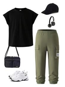 SHEIN 2件套男童短袖纯色圆领T恤和裤子套装 - 彩色 - 查看 3