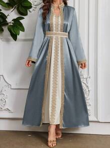 Layrah 女士水溶性蕾丝拼布朴素长袍阿巴亚和连衣裙套装，摩洛哥长袍穆斯林时尚阿巴亚，适合节日/聚会，优雅奢华晚会风格 - 霧霾藍 - 查看 5