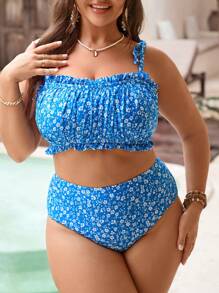 Swim Mod Plus Size 3pcs Set: Ditsy Floral Tankini Top With Adjustable Tie Strap, Matching Print Triangle Bikini Bottoms, And Ruffle Hem Skirt, Elegant Lady Swimwear For Pool Party For Summer Beach Vacation - Multicolor - View 3