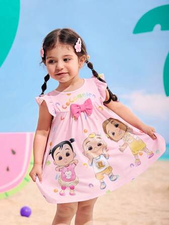 CoComelon X SHEIN Baby Girl Colorful Cute Letter Print Bow Decorated Pinafore Dress