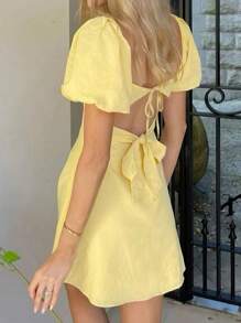SHEIN Essnce 女士纯色休闲夏季甜心领泡泡袖时尚派对海滩优雅迷你连衣裙 - 黃色 - 查看 2