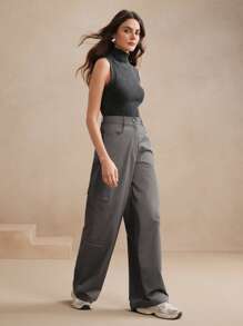 Anewsta 2025 Gray Zip Pocket Loose Relaxed Wide Leg Washed Utility Pants - Grey - View 2