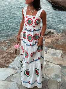 Breezaya 女装春夏休闲沙滩度假撞色复古印花蕾丝装饰无袖大码多层拼接连衣裙