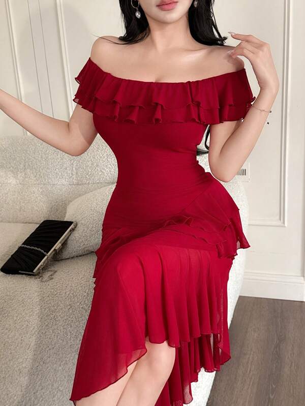 Feyla Casual Ruffled Hem Long Dress For Women,Graduation Dress Women Dresses Birthday Women Casual Dress Women Birthday Outfit Women S Clothes Women Short Dresses Summer,Elegant Dresses For Women,Red Dresses