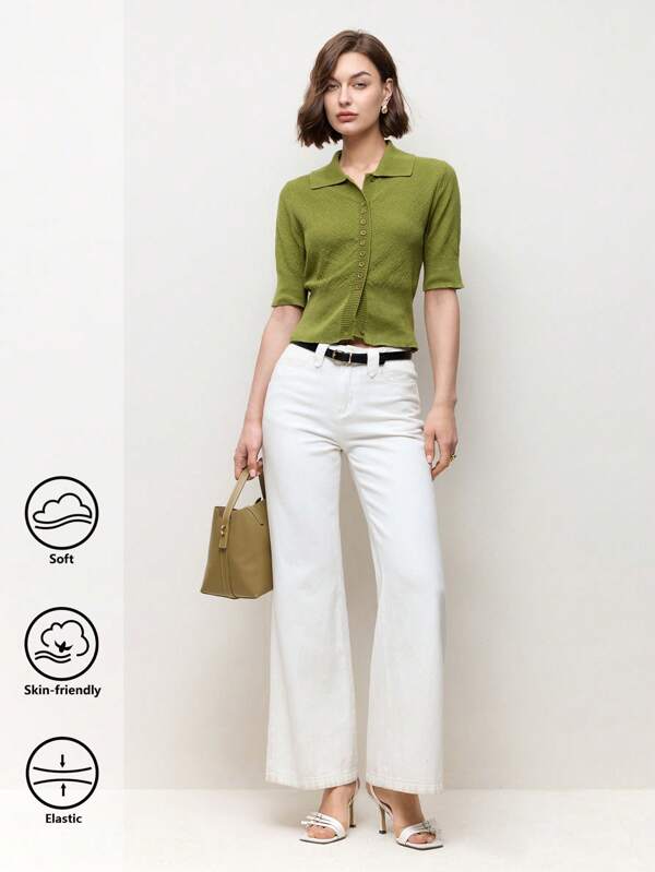 BizChic Green Collar Elegant Commuting Ladies Top, 3/4 Sleeve Casual Ladies Button-Front Cardigan, Spring/Summer
