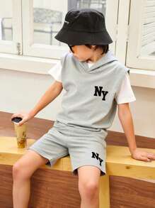 SHEIN Tween Boy Sleeveless Hooded Letter Print Tank Top And Sports Shorts Set - Grey - View 4