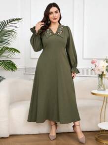 Mulvari Plus Size Women Floral Embroidered Long Sleeve Elegant Dress - Multicolor - View 5