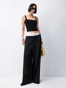 LYSMO Fashion Commuter Double Waistline Color Block Wide Leg Dress Pants - Black - View 4