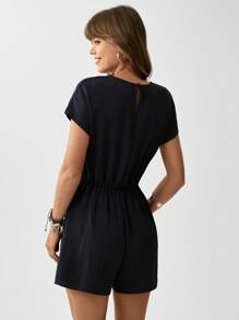 SHEIN LUNE 女性時尚純色簡約腰帶連身褲 - 藏蓝色 - 查看 5