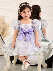 SHEIN Vestido elegante de media longitud para bebé niña con cuello cuadrado, mangas abultadas y decoración de lazo - Azul - Ver 2