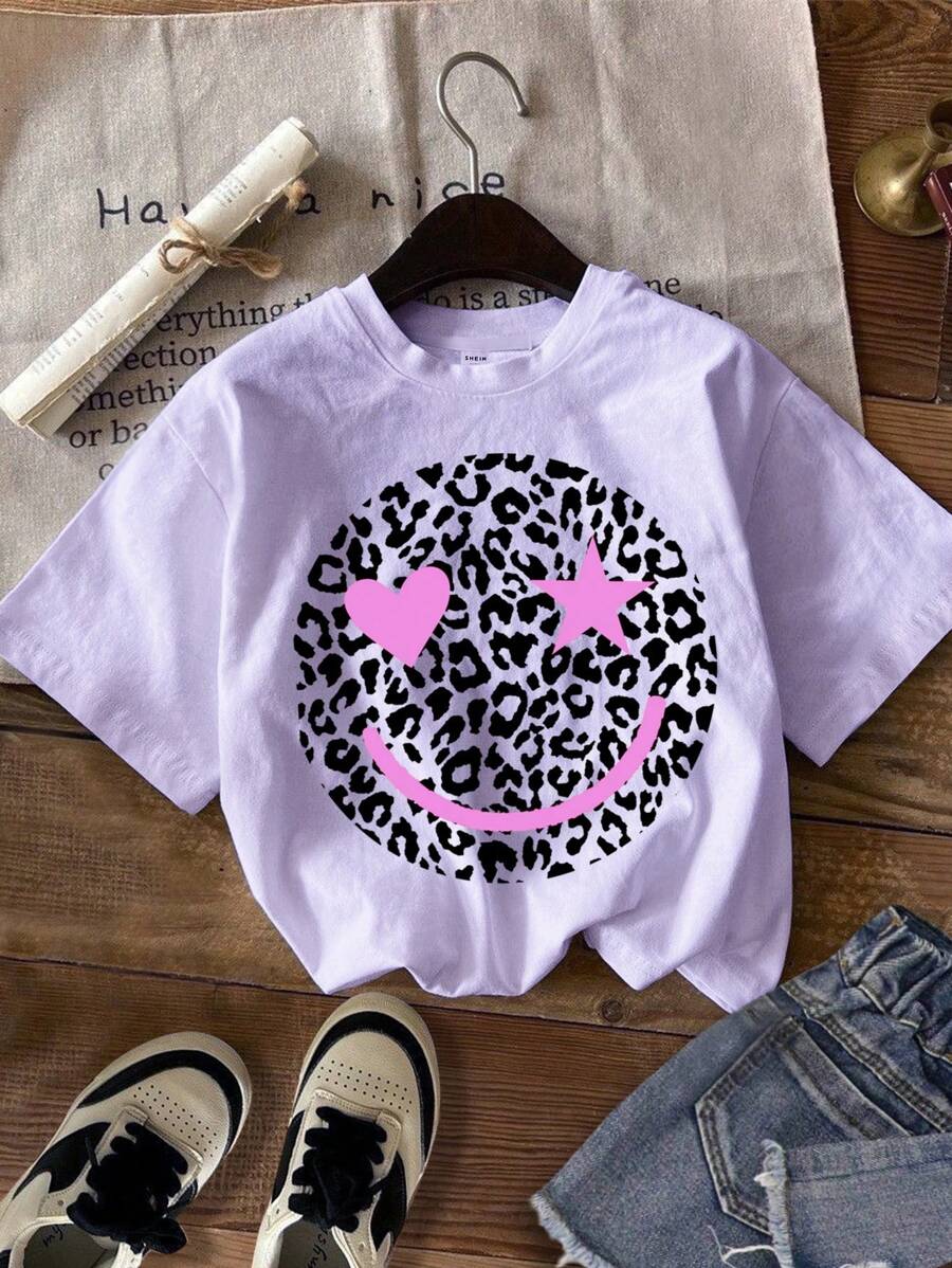 SHEIN Leap Crew Tween Girl Casual Minimalist Short Sleeve Round Neck T-Shirt, Suitable For Spring And Summer - Purple - View 1