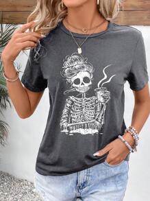 SHEIN LUNE Camiseta de verano de manga corta, cuello redondo, corte slim y talla grande, con estampado minimalista casual de calavera, para mujeres