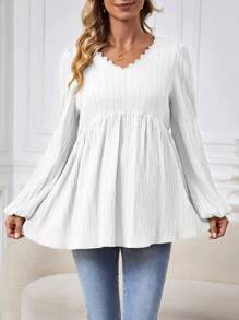 SHEIN Maternity Solid Color Contrast Lace V-Neck Long Sleeve Casual Ruffle Hem Blouse